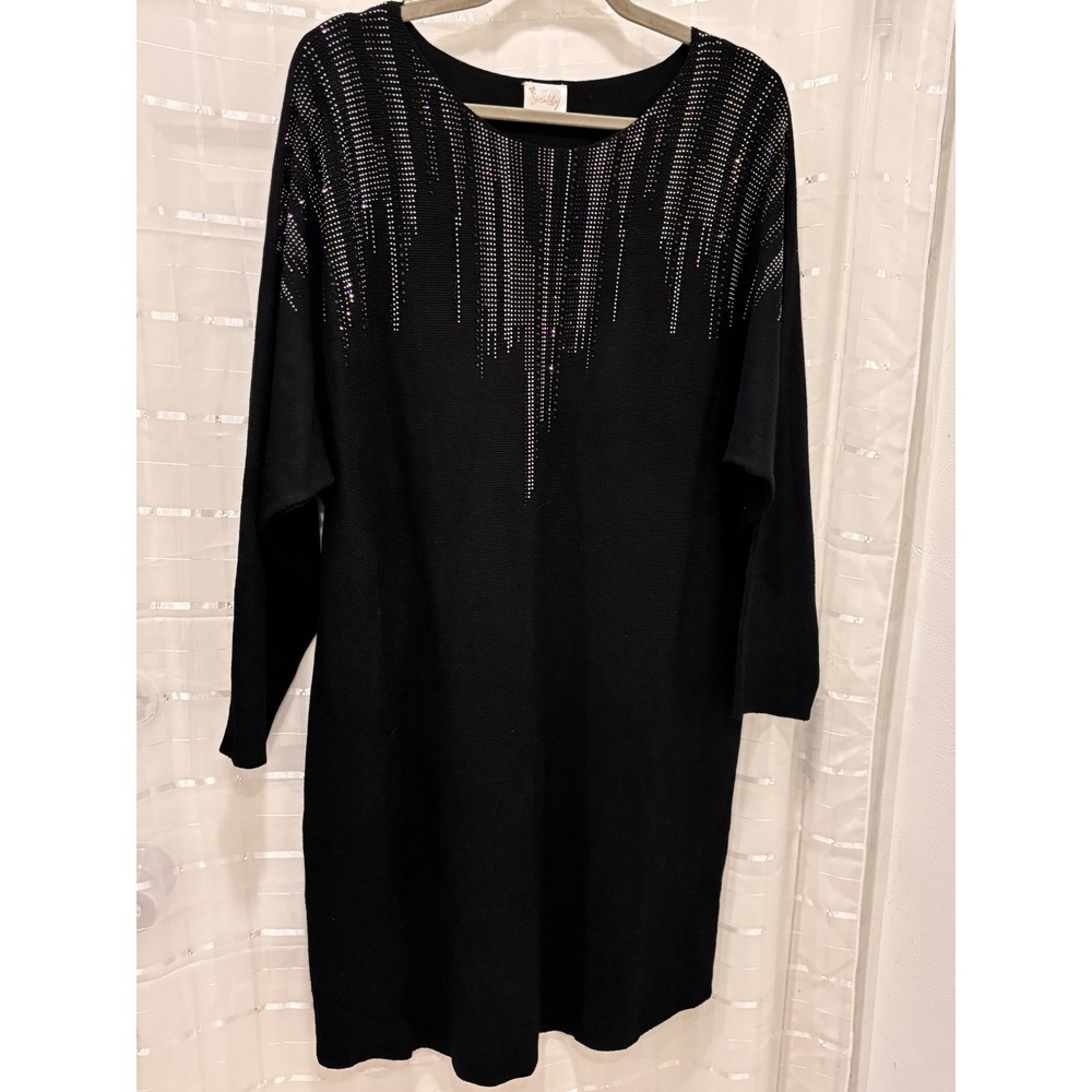 Sirenlily Black Rhinestone Embellished Knit Sweater Dress XL Long Sleeve Ribbed